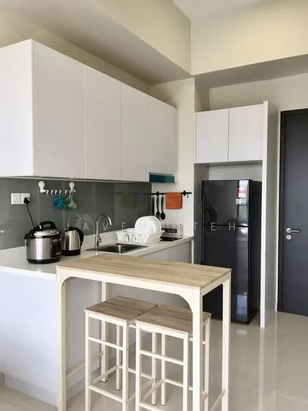 Kitchen features: white cabinetry, stainless-steel sink, chrome pull-down faucet, grey backsplash, built-in refrigerator, kettle, toaster, countertop with breakfast bar, two wooden stools, wall-mounted utensils rack, white walls, polished tile flooring, recessed downlights; style: modern.