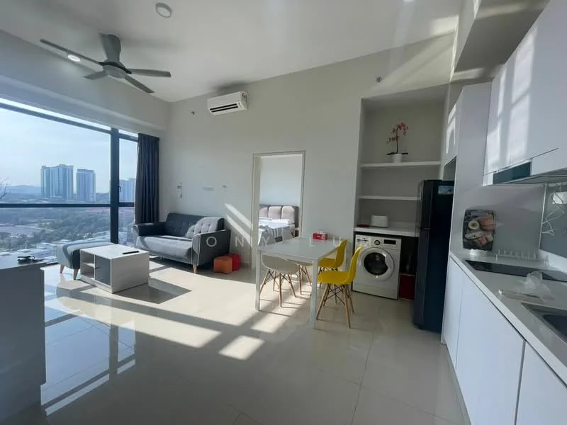 Living features: floor-to-ceiling windows, grey fabric sofa, coffee table, 2 yellow dining chairs, white cabinetry, stainless-steel fridge, front-load washing machine, recessed downlights, cream tiled flooring, ceiling fan, air conditioning unit; style: modern; view: city.