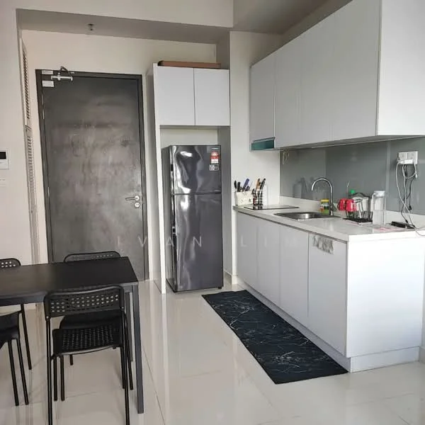 Kitchen features: white cabinetry, stainless-steel fridge, single-bowl stainless-steel sink, chrome pull-down faucet, white quartz countertop, grey tile backsplash, built-in stove, kitchen utensils on countertop, black dining table, four black chairs, marble-patterned rug, white tiled flooring, door leading to hallway; style: modern.