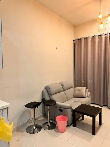 Living features: grey fabric sofa, 2 black bar stools, small black coffee table, cream painted walls, glossy tile flooring, hanging pendant lights, floor-to-ceiling curtains in grey, pink waste bin; style: modern.