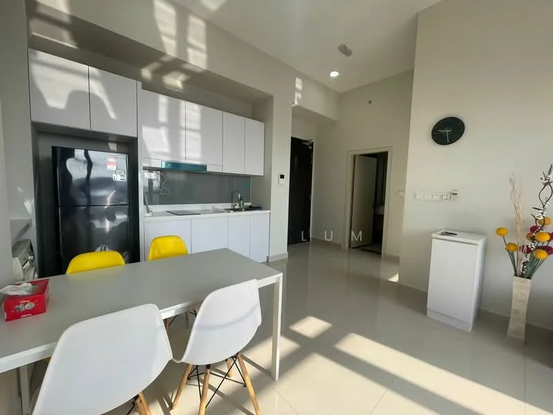 Kitchen features: white cabinetry, grey backsplash, stainless-steel fridge, single-bowl stainless-steel sink, chrome pull-down faucet, white countertop, 4-seater dining table, white dining chairs, yellow accent chairs, tile flooring, recessed downlights; style: modern. Room features: wall clock, decorative vase with flowers, doorway to hallway.