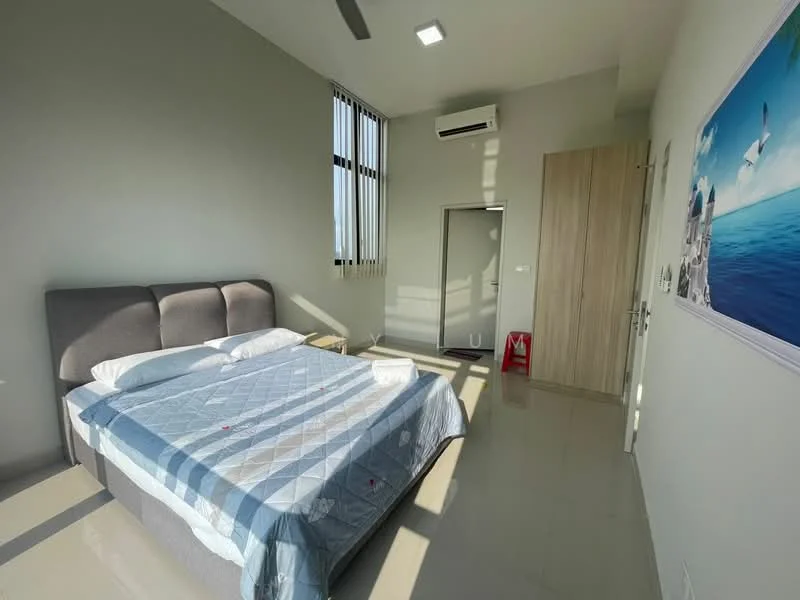Bedroom features: king-size bed with grey upholstered headboard, white bedding with blue quilt, floor-to-ceiling windows with sheer curtains, light grey painted walls, polished ceramic tile flooring, ceiling fan, wall-mounted air conditioning unit, wooden door, decorative wall art, built-in wardrobe; style: modern.