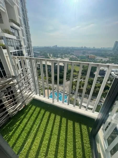 Room features: glass balcony railing, white painted walls, artificial grass flooring, city skyline view, outdoor space, sunlight casting shadows; style: modern; view: city.