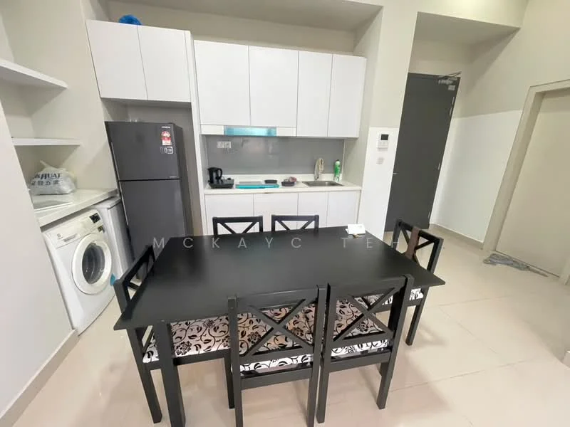 Kitchen features: black dining table with 6 chairs, white cabinetry, stainless-steel fridge, built-in oven, ceramic cooktop, white countertop, single-bowl stainless-steel sink, chrome pull-down faucet, washing machine, tile flooring, recessed downlights, wall-mounted cabinets; style: modern.
