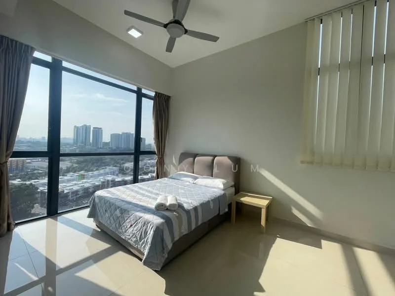 Bedroom features: king-size bed, upholstered headboard, bedside table, floor-to-ceiling windows, sheer curtains, grey painted walls, recessed downlights, polished tile flooring, city view; style: modern; view: city.