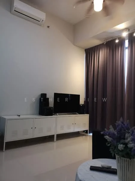 Living features: white painted walls, glossy tile flooring, 5-blade ceiling fan with light, wall-mounted TV, white TV console, black speakers, dark curtains, decorative vase with flowers; style: modern.