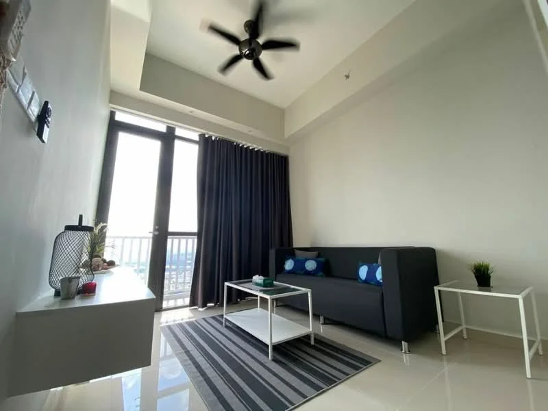 Living features: 3-seater fabric sofa in black, blue accent cushions, white coffee table, area rug with striped pattern, wall-mounted TV console, floor-to-ceiling windows, blackout curtains, ceiling fan with light, glossy tile flooring, decorative plant in ceramic pot; style: modern; view: city.