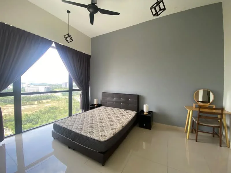 Bedroom features: king-size bed, upholstered headboard, 2 bedside tables, table lamps, study desk, wooden chair, floor-to-ceiling windows, grey accent wall, white painted walls, polished tile flooring, ceiling fan with light; style: modern; view: city.