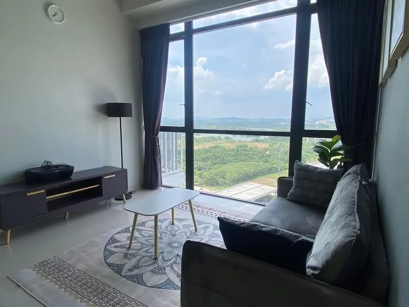 Living features: floor-to-ceiling windows, grey fabric sofa, coffee table, TV console, area rug with geometric pattern, black floor lamp, decorative plant, curtains, wall clock; style: modern; view: garden.