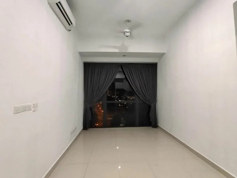 Room features: white painted walls, glossy tile flooring, floor-to-ceiling windows, grey curtains, 1 wall-mounted split AC, ceiling fan, city view; style: modern; view: city.