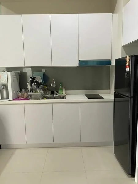 Kitchen features: white flat-panel cabinets, black refrigerator, stainless-steel sink, chrome pull-down faucet, white countertop, built-in cooktop, grey backsplash, tile flooring; style: modern.