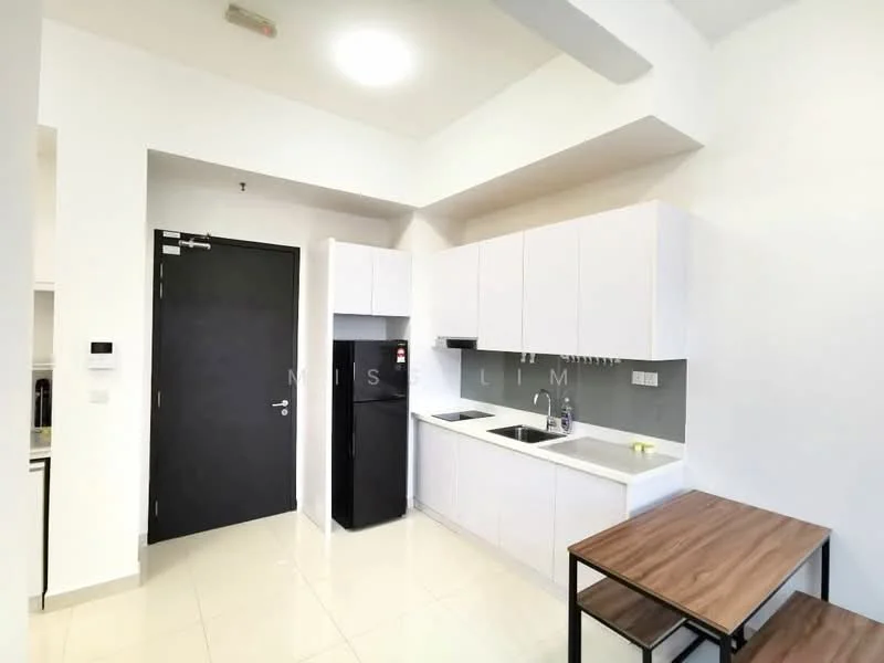 Kitchen features: white cabinetry, black refrigerator, double-bowl stainless-steel sink, chrome pull-down faucet, grey backsplash, white countertop, built-in stove, wall-mounted kitchen cabinet, tile flooring, recessed ceiling lights; style: modern.