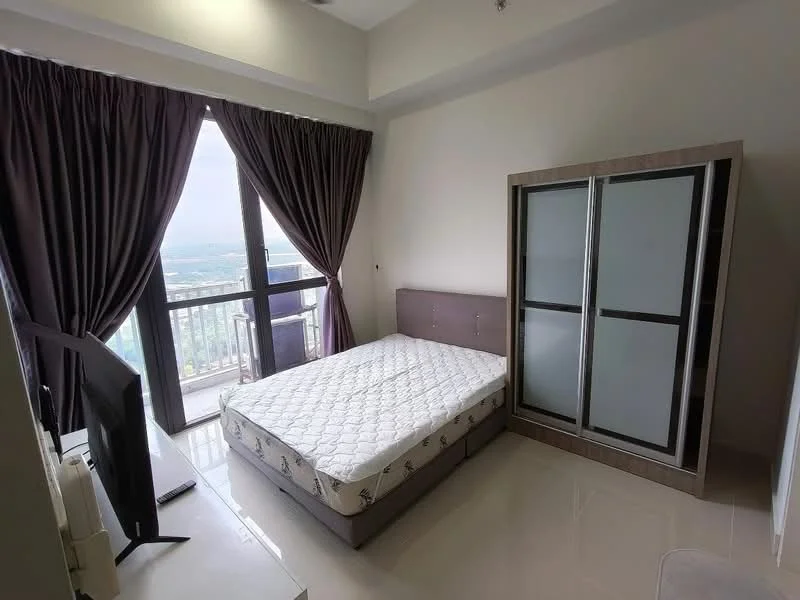 Bedroom features: queen-size bed with mattress, built-in wardrobe with sliding doors, floor-to-ceiling windows, curtains, TV console, wall-mounted TV, cream painted walls, glossy tile flooring, air conditioning unit; style: modern; view: city.