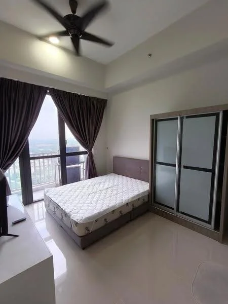 Bedroom features: queen-size bed, upholstered headboard, 2-door sliding mirror wardrobe, floor-to-ceiling windows, curtains in dark brown, ceiling fan, light-colored walls, glossy tile flooring, TV console, decorative wall art; style: modern; view: city.