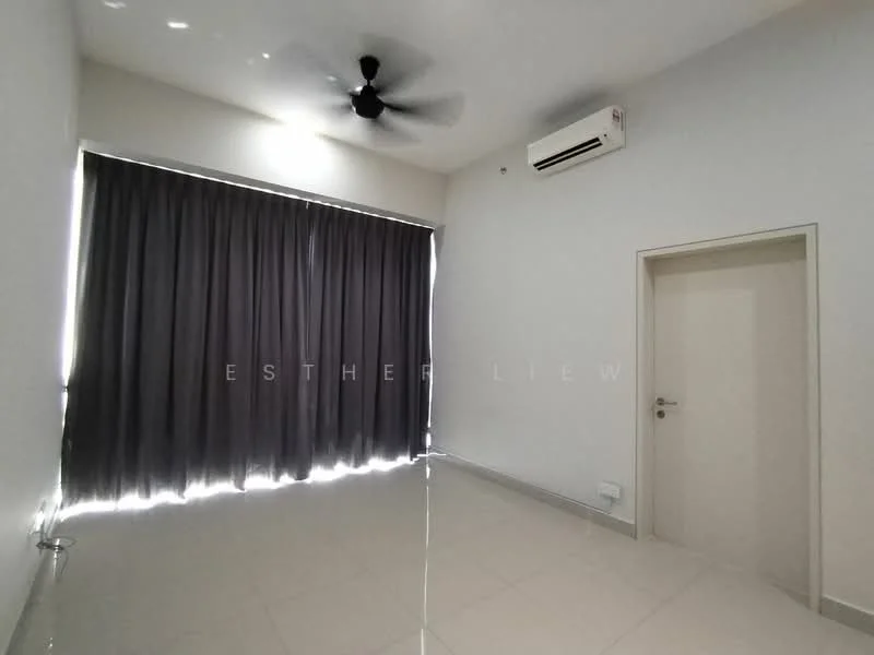 Room features: white painted walls, glossy tile flooring, 5-blade ceiling fan, wall-mounted split AC, floor-to-ceiling windows with blackout curtains, door with handle, neutral color scheme, natural light from windows; style: modern.