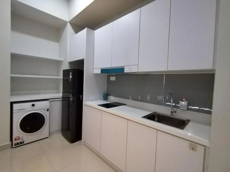 Kitchen features: white cabinetry, grey backsplash, stainless-steel sink, chrome pull-down faucet, built-in oven, fridge, front-load washing machine, open shelving, white countertop, tile flooring, recessed downlights; style: modern.