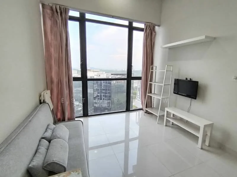 Living features: grey fabric sofa, white coffee table, wall-mounted TV, floor-to-ceiling windows, sheer curtains, white shelving unit, glossy tile flooring, neutral painted walls; style: modern; view: city.