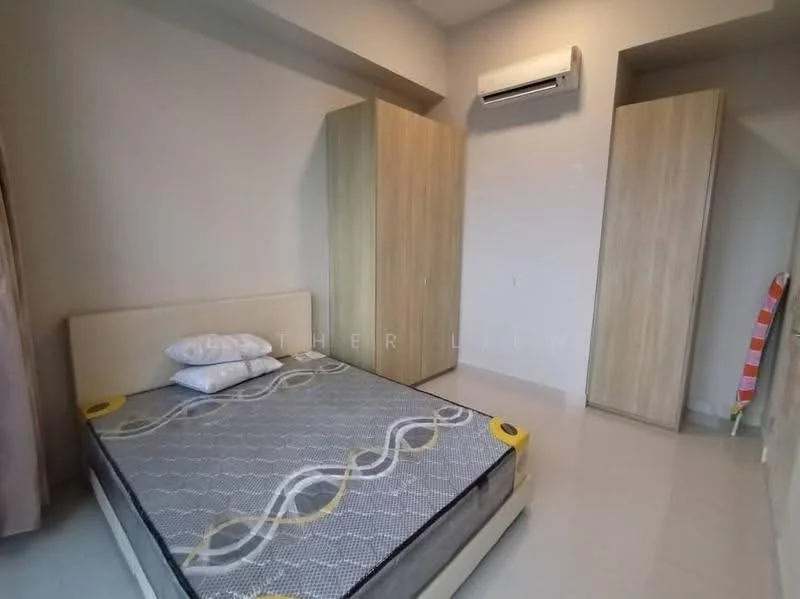 Bedroom features: queen-size bed, upholstered headboard, 2 wooden wardrobes, wall-mounted air conditioning unit, light-colored walls, glossy tile flooring, window with curtain, decorative pillow; style: modern.