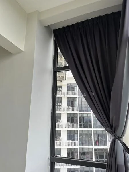 Room features: floor-to-ceiling windows, blackout curtains, grey curtain fabric, visible air conditioning units outside, city skyline view; style: modern; view: city.