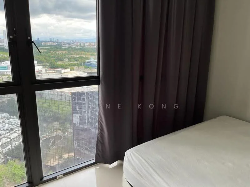 Bedroom features: floor-to-ceiling windows, grey curtains, white walls, white bed frame, mattress on bed, tile flooring, city view, natural light; style: modern; view: city.