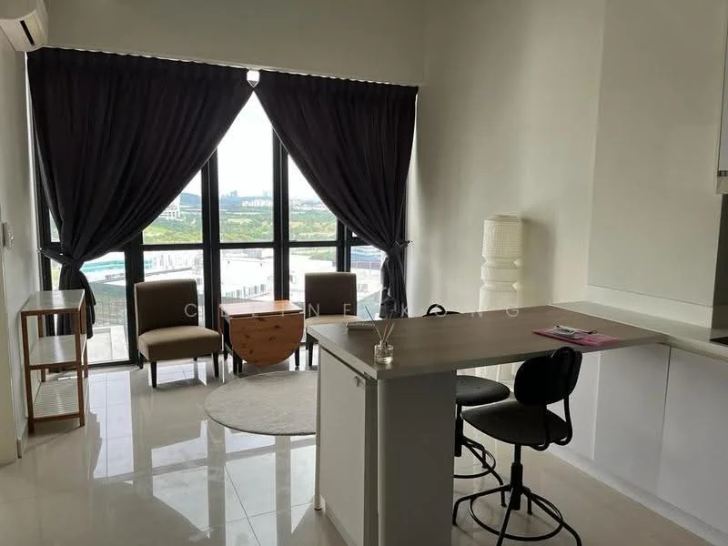 Living features: floor-to-ceiling windows, blackout curtains, white painted walls, glossy tile flooring, round area rug, bar counter with stools, wooden side table, two upholstered chairs, decorative table, view of city skyline; style: modern; view: city.
