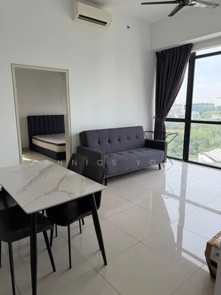 Living features: grey fabric sofa, dining table with marble top, 4 black dining chairs, floor-to-ceiling windows, curtains, white painted walls, polished tile flooring, ceiling fan, air conditioning unit; style: modern; view: city. Bedroom features: queen-size bed, white walls, window, doorway leading to living area.