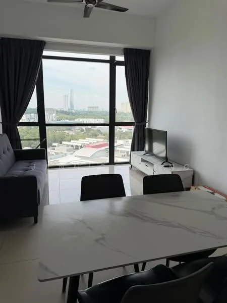 Living features: floor-to-ceiling windows, grey fabric sofa, marble dining table, black dining chairs, TV console, wall-mounted TV, curtains, tile flooring, ceiling fan; style: modern; view: city.