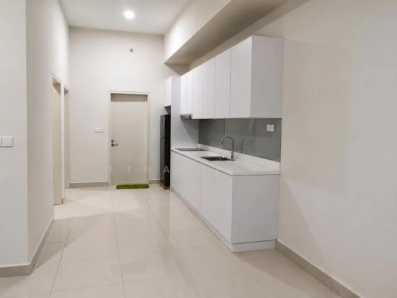 Kitchen features: white cabinetry, marble countertop, single-bowl stainless-steel sink, chrome pull-down faucet, built-in fridge, ceramic tile flooring, white painted walls, recessed downlights; style: modern.