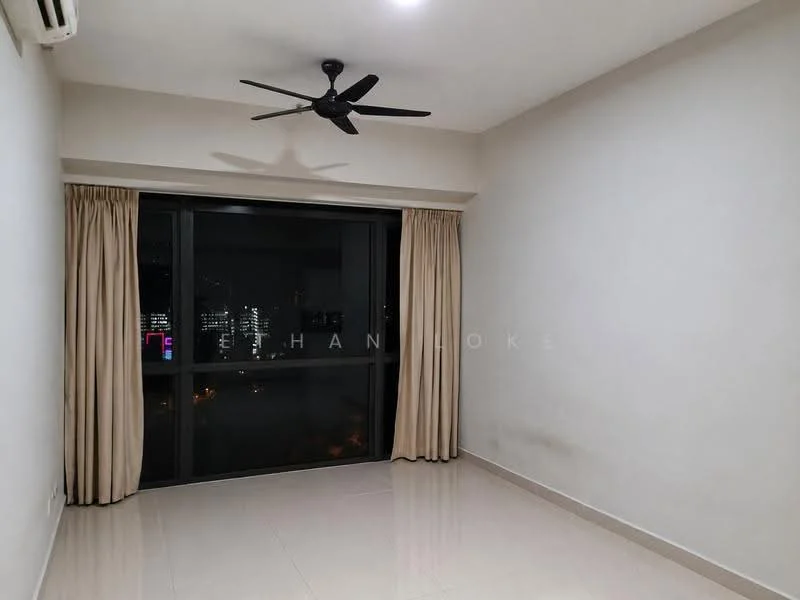 Room features: white painted walls, floor-to-ceiling windows, curtains, 5-blade ceiling fan, polished tile flooring, city view, air conditioning unit; style: modern; view: city.