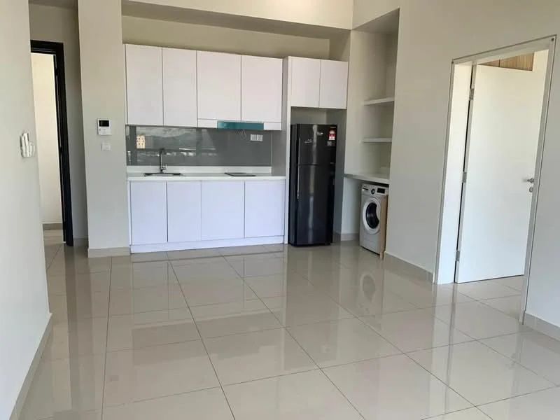Kitchen features: white shaker cabinets, stainless-steel fridge, built-in oven, ceramic cooktop, single-bowl stainless-steel sink, chrome pull-down faucet, grey backsplash, white walls, polished tile flooring, washing machine, open shelving; style: modern.
