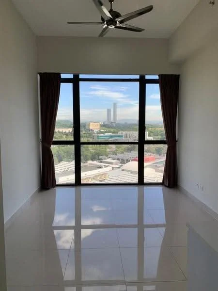 Room features: floor-to-ceiling windows, brown curtains, white painted walls, polished tile flooring, ceiling fan, city view; style: modern; view: city.