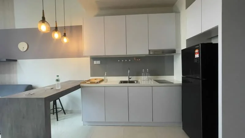 Kitchen features: grey cabinetry, white countertop, stainless-steel sink, chrome pull-down faucet, built-in stove, black refrigerator, pendant lighting, open shelving, bar counter, stool seating, white tiled backsplash, floor-to-ceiling windows, light-colored flooring; style: modern.