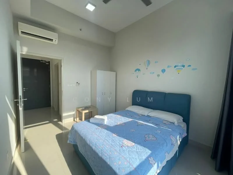 Bedroom features: king-size bed with blue upholstered headboard, white bedding with blue and pink patterns, 2 bedside tables, 1 wall-mounted air conditioning unit, light grey painted walls, ceiling fan with light, decorative wall decals with hot air balloons, built-in wardrobe, large window with dark curtains, tile flooring; style: modern.