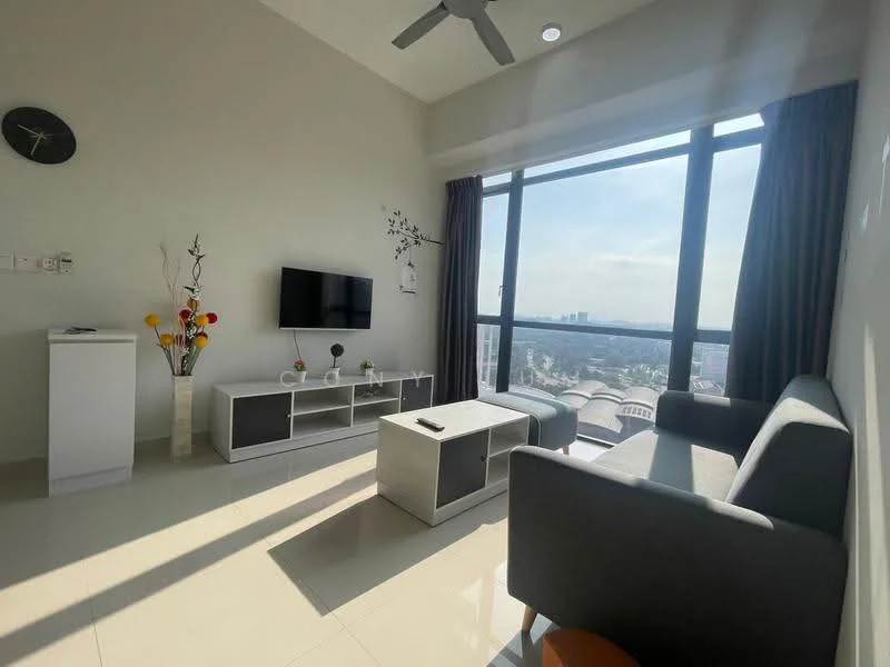 Living features: floor-to-ceiling windows, grey fabric sofa, coffee table, wall-mounted TV, TV console with storage, decorative vase with flowers, ceiling fan, light-colored walls, glossy tile flooring, curtains, wall clock; style: modern; view: city.