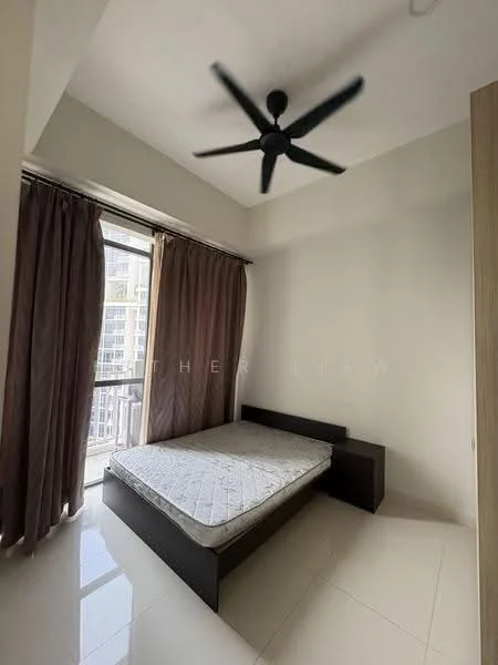 Bedroom features: queen-size bed frame without mattress, 2 bedside tables, floor-to-ceiling windows, sheer curtains, dark brown wooden cabinetry, white painted walls, polished ceramic tile flooring, 5-blade ceiling fan with light; style: modern; view: city.