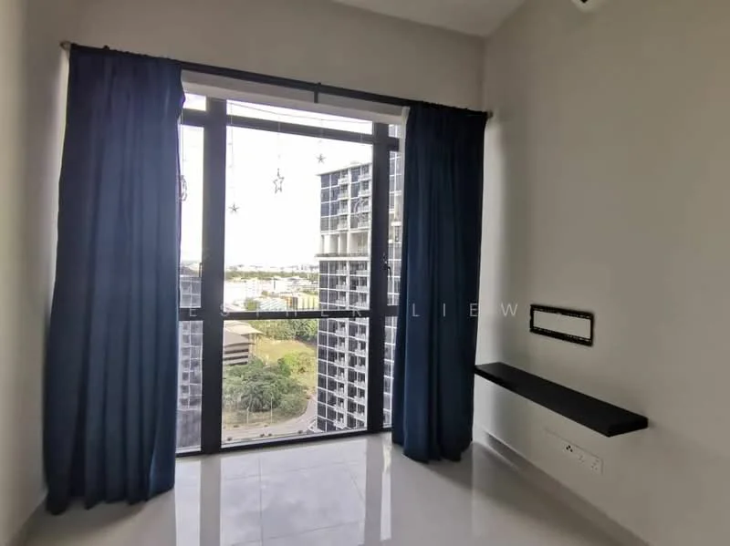 Room features: floor-to-ceiling windows, black wall-mounted shelf, grey painted walls, white tiled flooring, blue curtains, city view; style: modern; view: city.