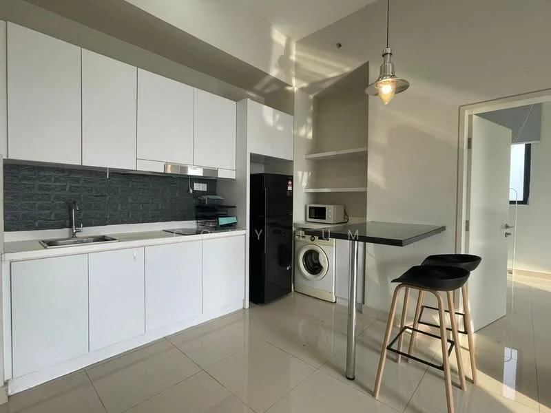 Kitchen features: white flat-panel cabinets, black stone accent wall, single-bowl stainless-steel sink, chrome pull-down faucet, black refrigerator, built-in microwave, front-load washing machine, bar counter with high stools, ceramic tile flooring, recessed downlights, pendant light; style: modern.