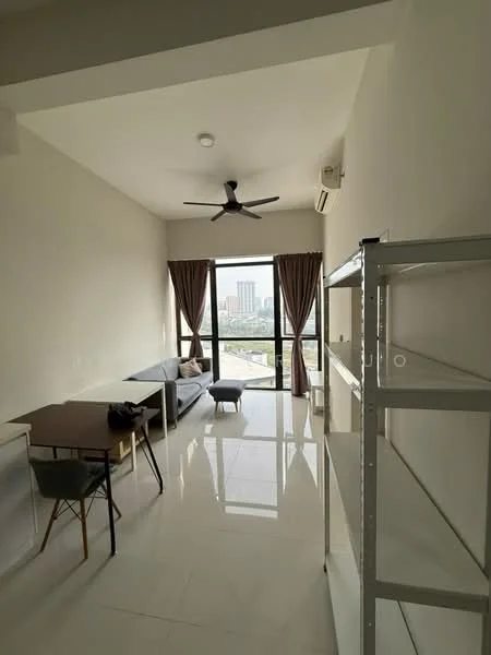 Living features: 5-blade ceiling fan with light, floor-to-ceiling windows, grey fabric sofa, wooden dining table, 4 dining chairs, white walls, polished tile flooring, curtains, air conditioning unit, open shelving unit; style: modern; view: city.