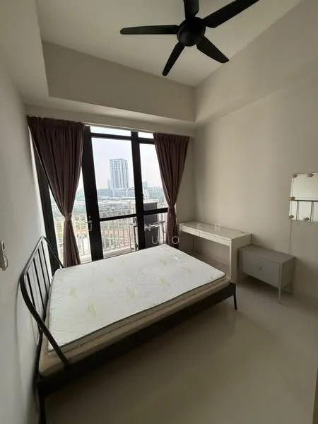 Bedroom features: queen-size bed, black metal bed frame, floor-to-ceiling windows, sheer curtains, ceiling fan, study desk, white side table, mirror, light-colored walls, neutral flooring; style: modern; view: city.