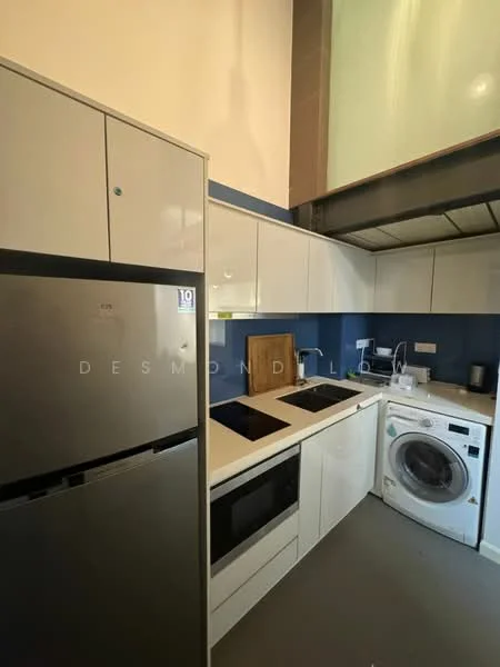 Kitchen features: white cabinetry, stainless-steel fridge, built-in oven, induction cooktop, single-bowl stainless-steel sink, chrome pull-down faucet, white washing machine, grey countertop, blue backsplash, open shelving, recessed downlights, exposed ceiling, flooring with grey finish; style: modern.