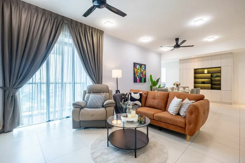 Living features: 3-seater brown leather sofa, round black coffee table, beige area rug, floor-to-ceiling windows, sheer curtains, dark grey curtains, ceiling fan with light, wall-mounted TV, decorative wall art, potted plant, recliner chair, LED recessed downlights; style: modern; view: city.