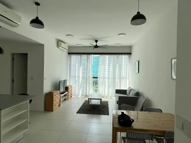 Living features: floor-to-ceiling windows, grey fabric sofa, coffee table, TV console, wall-mounted TV, area rug, 5-blade ceiling fan with light, recessed downlights, white painted walls, tile flooring, dining table with chairs; style: modern; view: city.