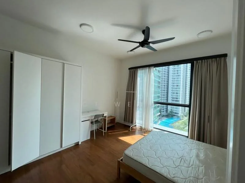 Bedroom features: queen-size bed, wooden flooring, white painted walls, 5-blade ceiling fan, floor-to-ceiling windows, sheer curtains, built-in wardrobe, study desk, chair; style: modern; view: pool.