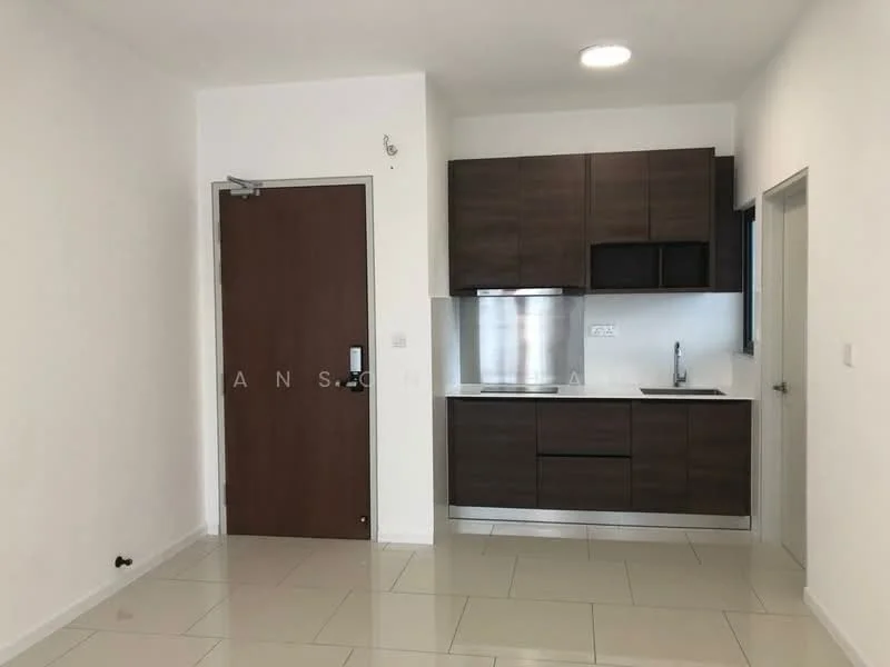Kitchen features: brown cabinetry, stainless-steel sink, chrome pull-down faucet, built-in oven, freestanding range oven, white tiled backsplash, white walls, tile flooring, recessed downlights; style: modern. Room features: white walls, tile flooring, door to exterior, window.