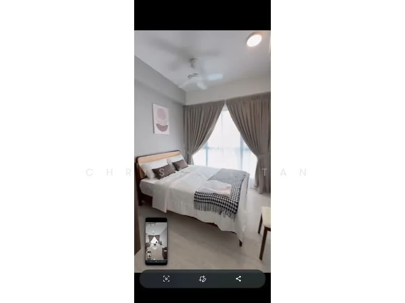 Bedroom features: king-size bed with white bedding, upholstered headboard, 2 bedside tables, table lamps on bedside tables, floor-to-ceiling windows, sheer curtains, dark grey accent wall, light wood flooring, ceiling fan with light, decorative artwork on wall, chair in corner; style: modern.