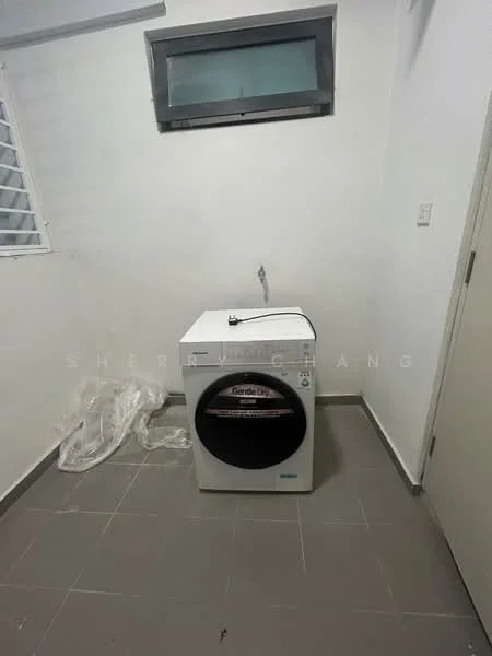 Laundry features: front-load washing machine, grey tiled flooring, white painted walls, window with security bars, single wall-mounted faucet, minimalist decor; style: modern.