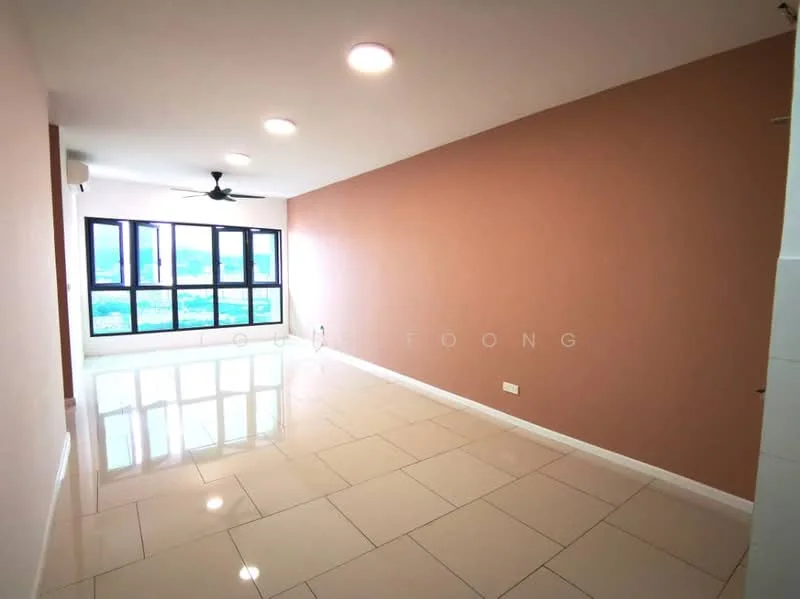 Living features: cream painted walls, light pink accent wall, glossy tile flooring, 5-blade ceiling fan, floor-to-ceiling windows, city view, air conditioning unit, recessed downlights; style: modern; view: city.