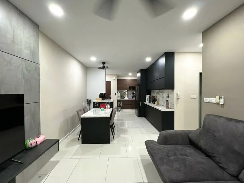 Living features: grey fabric sofa, wall-mounted TV, TV console, ceiling fan, recessed lighting, white tiled flooring, decorative wall with grey paneling, area rug; style: modern. Kitchen features: kitchen island with white countertop, black cabinetry, built-in oven, stainless-steel sink, chrome pull-down faucet, microwave, ceramic tile backsplash, open shelving; style: modern.