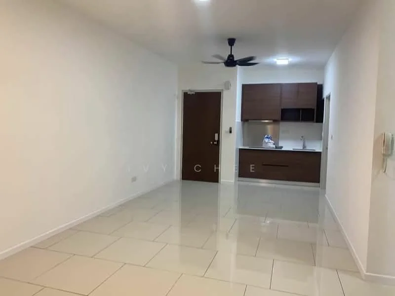 Living features: white painted walls, glossy ceramic tile flooring, 5-blade ceiling fan with light, kitchenette with dark wood cabinetry, stainless-steel sink, built-in oven, countertop with backsplash, recessed downlights; style: modern.
