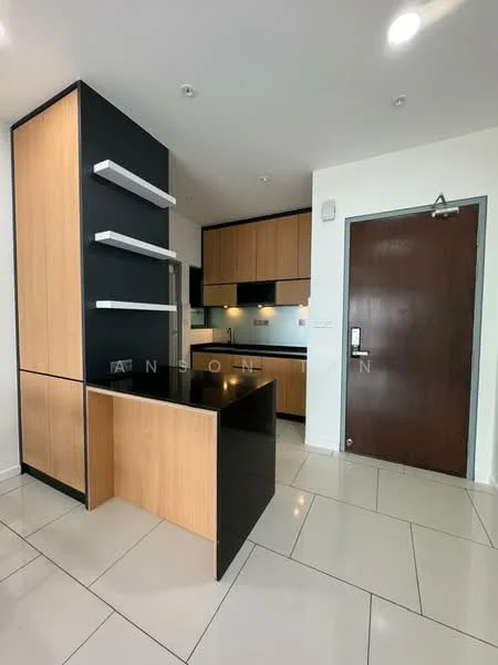 Kitchen features: black countertop, wood cabinetry, open shelving, built-in oven, stainless-steel sink, chrome faucet, ceramic tile flooring, recessed downlights, modern design, black accent wall; style: modern.